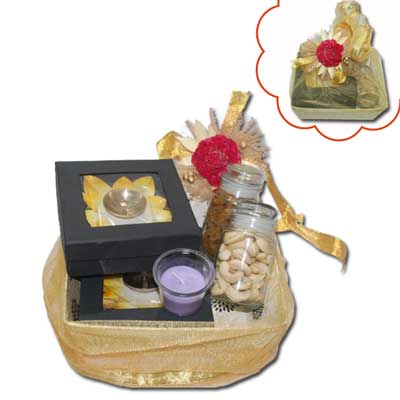 "DIWALI PREMIUM HAMPER WITH LOTUS BRASS DIYAS AND DRYFRUITS - Click here to View more details about this Product